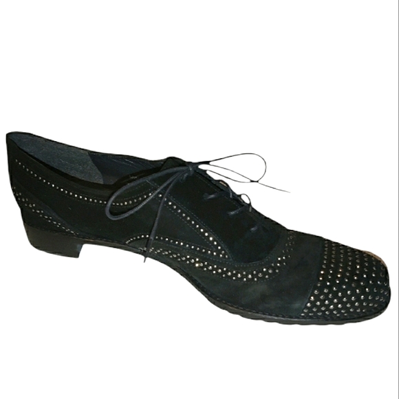 Stuart Weitzman Leather Suede Lace Up Studded Heeled Oxford Loafers - Picture 2 of 16